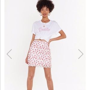Lettuce Hem Strawberry Mesh Mini Skirt